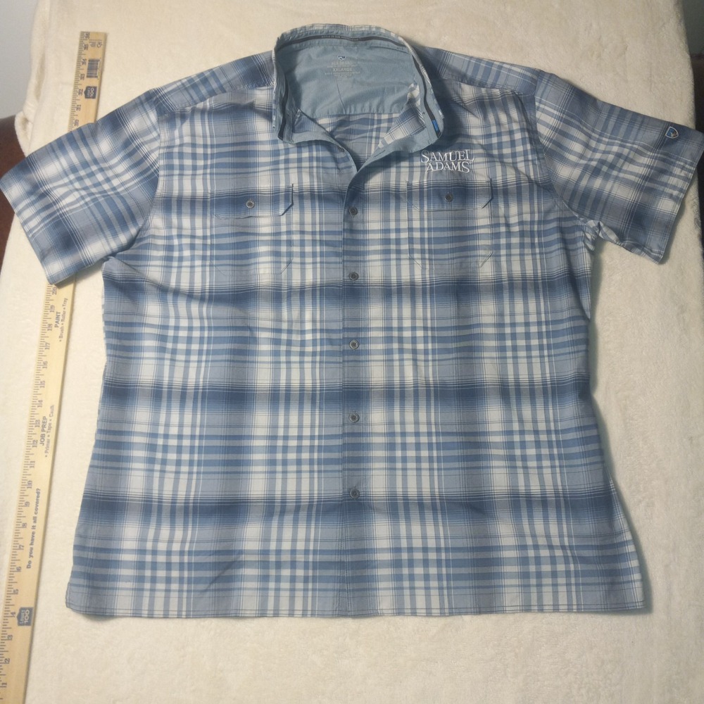KUHL Skorpio Shirt Mens XXL Gray Blue Plaid Blend Samuel Adams short sleeve